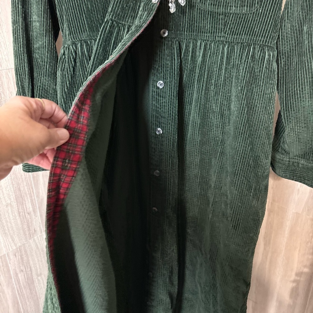 Eddie Bauer Vintage Maxi Button Down Forest Green Corduroy Shirt Dress Petite - Picture 6 of 8